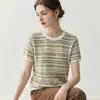 Camiseta de Punto Jacquard de Manga Corta para Mujer Estilo Étnico de Verano, Jersey de Cuello Redondo Fair Isle