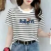 2026 Nuevas Blusas de Manga Corta Tallas Grandes Ropa de Verano para Mujer Camiseta de Edad Media Rayada Hombro Normal Holgada Adelgazante Estilo Mamá