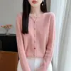 Cardigã de malha 100% lã feminina, nova jaqueta outono/inverno com decote V e mangas compridas, botões coloridos e design vazado, modelador e moderno