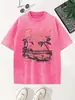 Una Camiseta Lavada de Verano Puro con un Coche Deportivo Persiguiendo el Atardecer, Top Casual para Mujer con Cuello Redondo, Camiseta Retro, Ropa de Verano para Mujer