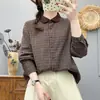 Camisa a Cuadros con Retazos de Encaje Estilo Coreano Juvenil Cuello de Muñeca para Mujer Temporada Primavera y Otoño 2026 Tela Cepillada Camisa de Manga de Farol
