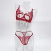 Sujetador de encaje de pestañas estilo francés con cortes estratégicos, conjunto de lencería sexy y seductor transparente con tanga