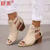 Sandalias para Mujer Juyuan Estilo Europeo y Americano Nuevo Bordado Remache Tamaño Grande Tacón Grueso, Sandalias de Tacón Alto con Hebilla para Mujer de Exportación