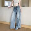 Foto Real~Jeans Retrô Lavados de Perna Larga para Mulheres, Design de Nicho, Calças Retas Soltas de Cintura Alta até o Chão 84639