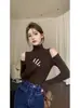 Top base de cuello medio para mujer, nuevo estilo primavera/otoño con diseño inspirado en Hong Kong, prenda interior de hombros descubiertos, top ajustado de manga larga, capa interior de moda