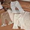 Bebés y Niños Pequeños Otoño Temprano e Invierno Bebé Niña Estilo Coreano Pantalones de Encaje Ligeramente Acampanados Elásticos con Rayas en Hoyitos Versátiles Color Puro Pantalones Acampanados