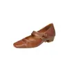 Mocasin Mary Jane de Piel de Oveja Lavada Estilo Francés de Correa Única Suela Blanda Modelo Nuevo con Punta Cuadrada Pequeña y Tacón Grueso de 3 cm, Adecuado para Combinar con Vestidos