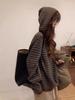 2024 Nuevo Estilo Otoño Suéter Holgado Suave Ceroso Estilo Perezoso Tejido con Capucha a Rayas Vintage Chaqueta para Mujeres Otoño e Invierno