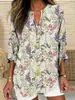2026 Marca Independente Plus Size Feminina Verão Gola V Pequena Manga Longa Dia da Independência Floral Simples Casual Elegante Camiseta