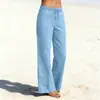 2026 Pantalones Casuales de Lino Sintético de Moda Transfronterizos Europeos y Americanos para Mujer, Sueltos, Cómodos, de Color Sólido, Pierna Recta, con Bolsillos, Pantalones Largos de Pierna Ancha