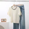 Tienda Insignia Shanghai Danong/Camisa de punto de manga corta de cachemira y lana de alta resistencia, primavera y otoño, cuello redondo, con cuentas, holgada y favorecedora
