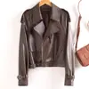 Chaqueta de Cuero Negra de Longitud Media para Mujer con Cuello Alto y Cinturón de Corbata, Nuevo Estilo Otoño e Invierno, Elegante Abrigo de Cuero