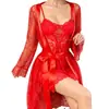 Nueva lencería sexy de comercio exterior transfronterizo, vestido camisola de encaje transparente con bata exterior, bata de noche para mujer con ribete de encaje
