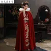 En Stock Capa Hanfu Estilo Xiuhe con Cuello de Piel Roja, Chal de Boda Nupcial Estilo Chino Tradicional, Cálido de Invierno Estilo Étnico