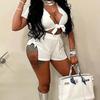 Nueva ropa de mujer europea y americana Amazon, camiseta sexy con tirantes, pantalones cortos ajustados de cintura alta, conjunto de cárdigan suelto, conjunto de dos piezas