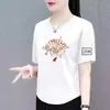 Camiseta de Manga Corta Estilo Chino para Mujer de Comercio Exterior Transfronterizo, Top Nuevo de Estilo Chino con Estampado de Moda y Elegante para Mujer