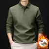 Camiseta de Manga Larga Gruesa de Color Sólido con Forro de Felpa para Hombre de Mediana Edad, Versátil, Cálida, Elegante, Camiseta Base tipo Polo de Algodón Puro