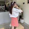 Camisa feminina de manga curta com costura e gola de boneca de renda vintage estilo japonês, design solto de verão, top com nicho e orelha de coelho