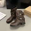 Botas Western Retro para Mujer 2026 Nuevo Estilo Botas de Tacón Apilado Fruncidas Botas Negras Cortas Retro Botas de Caballero Cónicas de Tacón Grueso