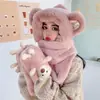 Chapéu e cachecol de pelúcia de urso fofo integrados com uma máscara, chapéu quente forrado com fleece para mulheres, chapéu à prova de frio para proteção auricular para ciclismo no outono e inverno, moderno
