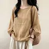 Camisa leve de algodão e linho verde com design de ombro regular, nova coleção de verão 2026 feminina, plus size, adequada para silhuetas curvilíneas, usada como peça externa, com estilo inspirado em Zen