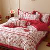 Boda China Acompañamiento de Cuatro Piezas Estampado Sábana Grande Roja Cama Cubre Edredón Ropa de Cama de Boda Edredón de Alta Gama