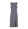 Estilo Europeo y Americano Diseño de Moda Cintura Plisada Abertura Vestido Midi Ajustado Falda Larga Vestido Chaleco 4387814