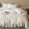 Juego de ropa de cama sencillo estilo princesa, bordado, ultrasuave, amigable con la piel, perfecto para dormir desnudo, hecho de 100% algodón con gasa de doble capa y ribete de encaje, juego de cuatro piezas
