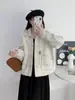 Cardigan de Lã Tricotado Dupla Face com Capuz Removível 2025 Outono e Inverno Novo Estilo Design de Cor Contrastante Jaqueta Suéter Solta para Mulheres