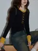 Camiseta Elegante Preta de Gola Redonda com Recortes para Mulheres Outono 2025 Cintura Definida Manga Longa Azul