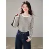Camada base listrada para outono e inverno, blusa interna feminina de manga comprida, suéter pulôver de corte solto, estilo regular, direto da fábrica