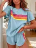 Conjunto de Duas Peças de Roupa Esportiva Casual Feminina com Caimento Solto e Design de Listras Arco-Íris Emagrecedor, Adequado para Férias, Uso Interno e Externo