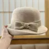 Sombrero de Pescador de Lana con Lazo Estilo Francés Vintage para Mujer, Borde Rizado Otoño e Invierno, Fedora Cálido Retro Elegante
