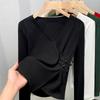Playera de Algodón de Manga Larga con Cuello en V de Color Sólido para Mujer 2024 Nueva Camiseta Delgada de Otoño para Capa Interior con Diseño Asimétrico Top