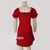 Vestido de Verano Transfronterizo Estilo Europeo y Americano Cintura Alta Corto Color Sólido Rojo Ancola Mangas Abullonadas Pg3393