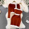 Terno da moda feminino temperamento socialite decote em V cor contrastante jaqueta curta de malha conjunto de duas peças vestido bainha sling outono