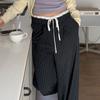 Pantalones Rectos Casuales Simples de Combinar con Todo para Mujer con Correa Rayada, Puntadas de Color Contrastante, Diseño de Cintura con Sentido
