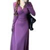 Vestido Largo Morado con Encaje Francés y Mangas Largas para Mujer Ajustado para Usar como Base Falda Larga que Cubre la Cadera Estilo Hermana Real