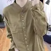 Camisa de Manga Larga de Algodón y Lino con Cuello Alto para Mujer, Estilo Coreano Literario Retro, Diseño para el Trabajo, Holgada, Primavera y Verano 2025