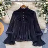 Blusa de retazos de encaje rosa, estilo francés, suave, para mujer, manga larga, corte holgado, top tipo cárdigan con volantes, colección otoño 2026 para mujer