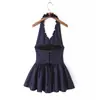 Vestido sexy de cuello en V profundo, ribete con volantes, cuadros azules, sin espalda, ajustado, de cuello halter, falda acampanada, corte slim, minifalda para una chica hot