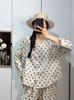 Traje de dos piezas de lino puro con lunares para mujer Primavera 2025 Camisa artística Chaqueta Casual Pantalones rectos de pierna ancha