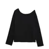 2657-26 Camiseta de punto lisa de un hombro con hombros descubiertos y manga larga, top de lino holgado estilo coreano de verano