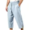 Pantalones de algodón y lino para hombre europeos y americanos, adecuados para comercio transfronterizo, de color liso para todas las estaciones, con cordón, pierna recta, cropped, simples y casuales, pantalones de playa