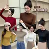 Camiseta Básica de Otoño para Mujer con Cuello Medio Alto, Sencilla y Cómoda, Color Sólido, Manga Larga, con Forro Polar de Microfibra y Acabado de Aceite de Coco