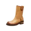 Ciudad Guangming Versión de Cuero Aumento de Altura 5 cm~Botas de Montar de Media Caña con Puntera Redonda Pulida Retro y Textura Apilada para Mujer 2026