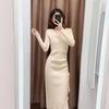 Principios de Otoño Nuevo suéter elegante con cordón y abertura de cintura alta para usar debajo, falda larga hasta la rodilla, vestido alto de punto 2023