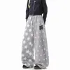 Pantalones de Chándal Elásticos con Estampado de Estrellas Estilo Retro Americano para Hombre, Forrados de Polar, Casual, Estilo Perezoso, Pierna Ancha, Versátiles, con Cordón, Largos