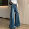 Jeans de pierna ancha con dobladillo de oreja de madera para mujer, diseño de otoño e invierno, cintura alta, sueltos, retro, microcampana, pantalones de longitud completa A14836