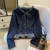 Camisa de Punto con Cuadros, Volantes y Corbata, Falso Dos Piezas, para Mujer, Otoño Invierno, Nueva, Holgada, Corta, Capa Base Superior A14816